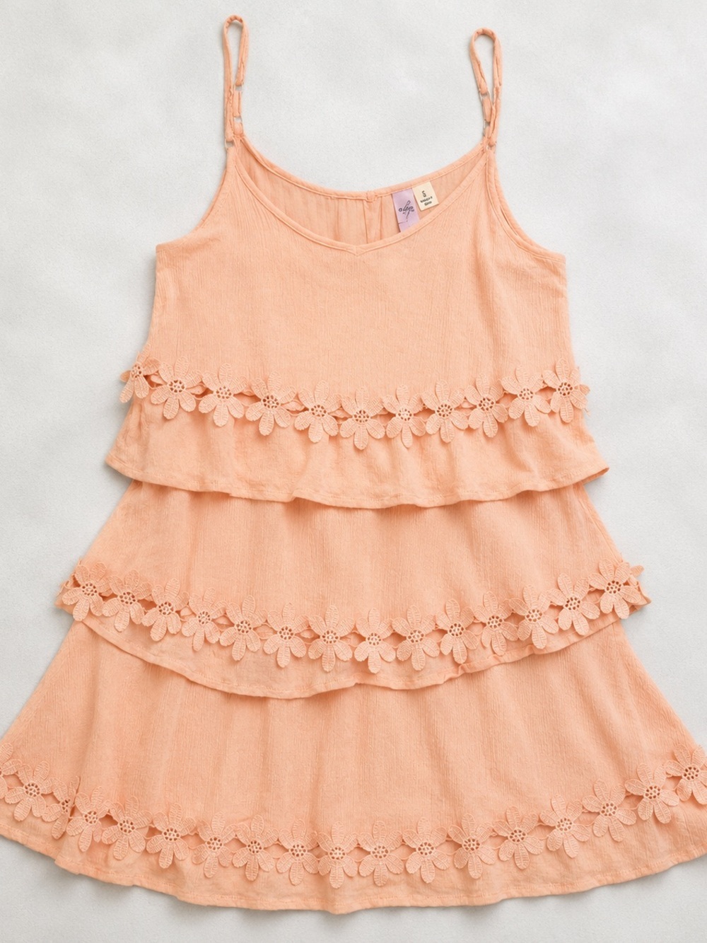 Alya from Francesca’s Peach Tiered Floral-Trim Mini Dress